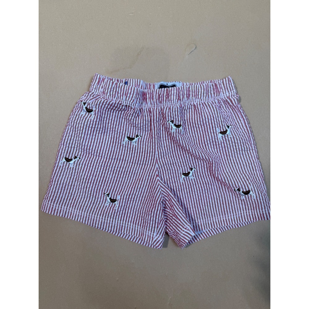 Mud Pie Seersucker Shorts Dog‎ Embroidered Elastic Waist Red White 12-18M